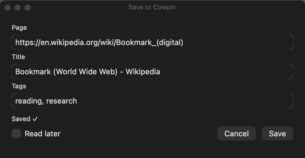 Cowpin for Mac: save the page you're reading with ⌥⌘B